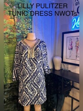 Lilly Pulitzer Navy and White Beaded V-Neck Tunic Dress NWOTs